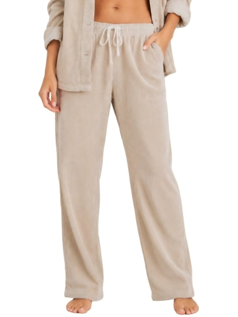 AERIE Cream Corduroy Baggy Wide-Leg Drawstring Loungewear Pull-On Pants Womens S